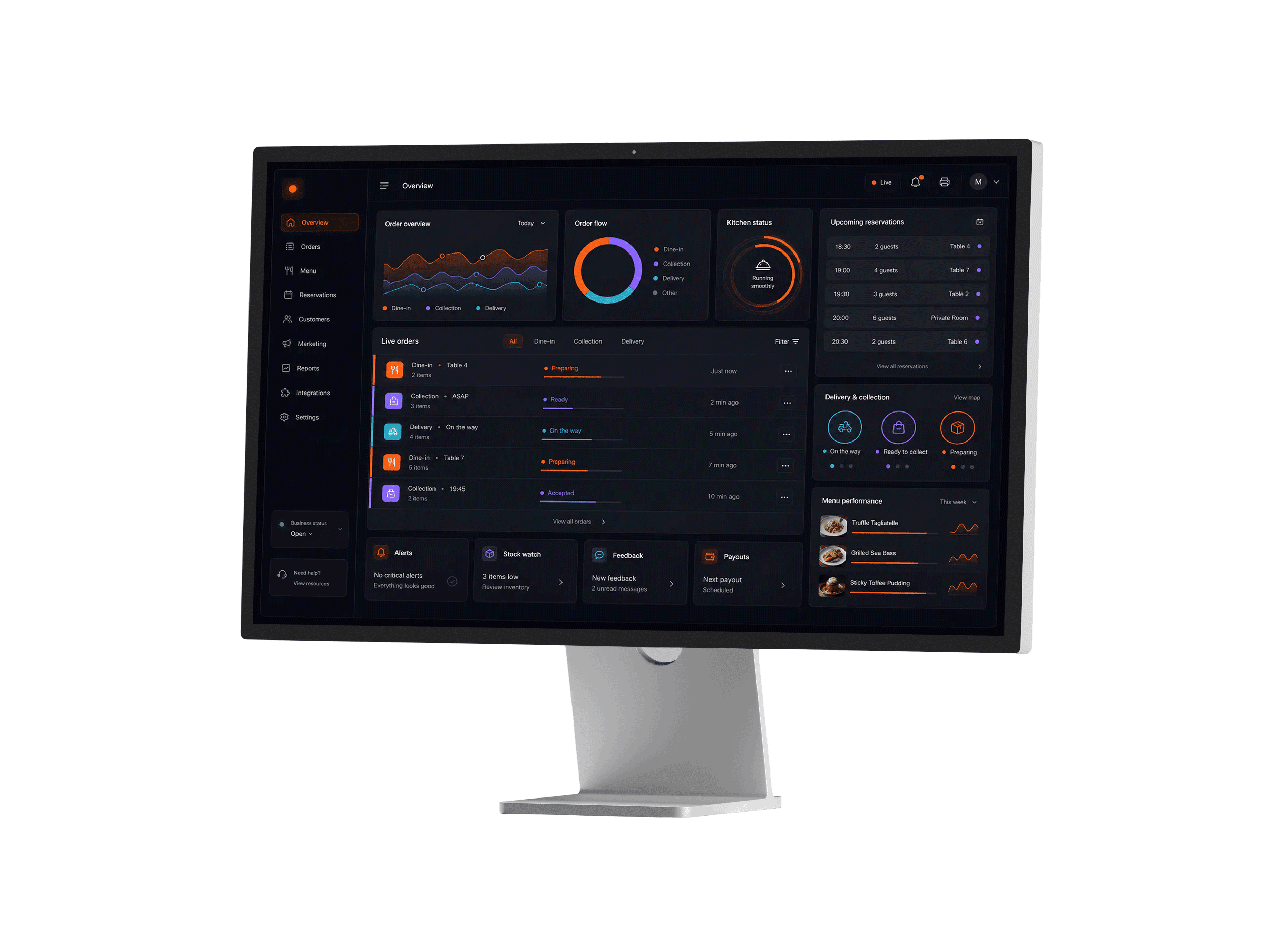 TabTake restaurant management dashboard showing live orders, reservations and delivery status